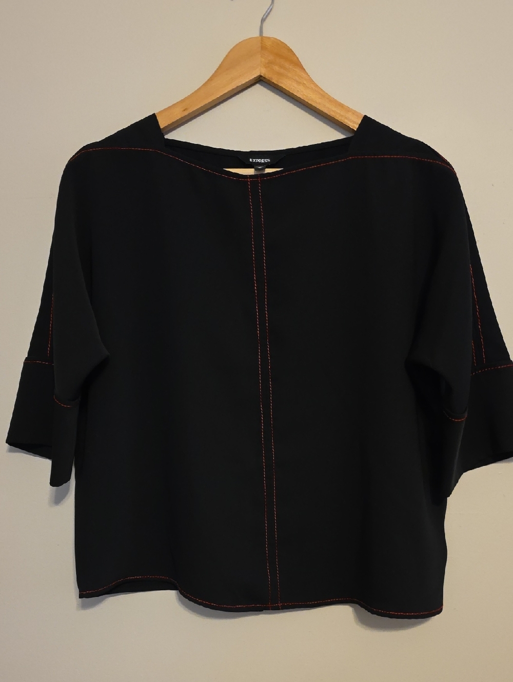 Express Black Short Sleeve Top with Red Contrast Stitching